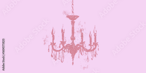 Red chandelier with a pink background. Stipple illustration with classic halftone dots, grainy photocopy finish and high contrast threshold lines.