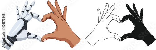 Robot hand and human hand heart shape vector illustration ai technology love concept design graphic