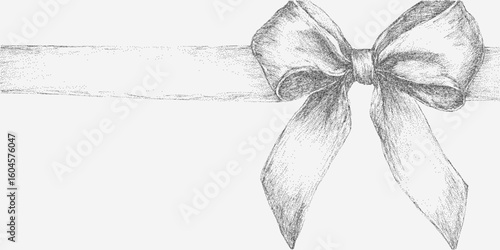 White ribbon with a bow, elegance and grace. Stipple halftone illustration with gritty dot texture, photocopy print vibe and high threshold contrast.