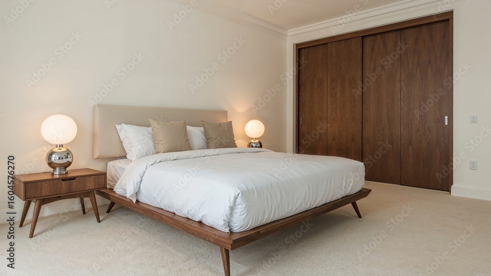 Fototapeta premium Bright and airy bedroom containing a comfortable double bed nestled between two side tables and a big wardrobe.
