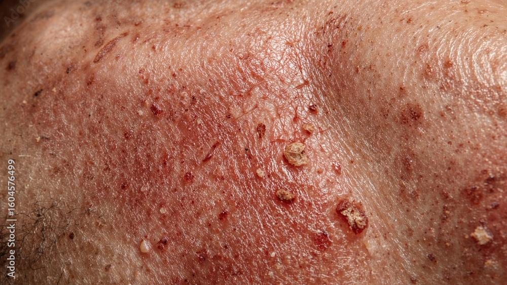 Fototapeta premium Surface of reddened, flaky skin resulting from allergic response and sun damage