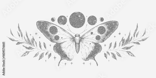 Butterfly with a leafy background, dreamy, whimsical feel. Classic stipple drawing with noisy halftone grain, photocopy effect and threshold for authentic vibe.
