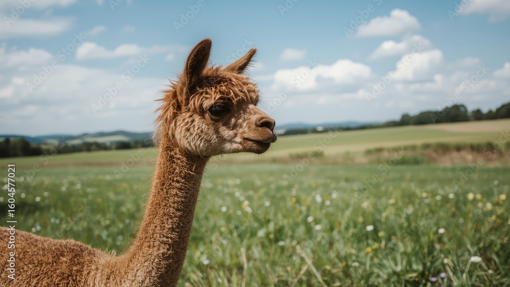Obraz premium A lone alpaca grazing in an open field