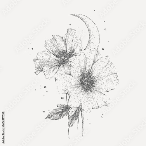 Flower with a crescent moon in the center. Stippled illustration with gritty halftone shading, photocopy noise texture and sharp threshold edges, nostalgic effect.