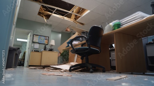 Damaged office space shows loose ceiling tile above workstation, with debris scattered on floor. scene conveys sense of disarray and neglect