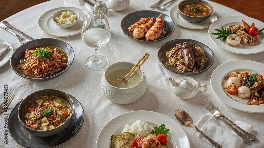 Asian cuisine dinner set with bowl, chopsticks, and seafood soup Asian cuisine dinner set with bowl, chopsticks, and seafood soup