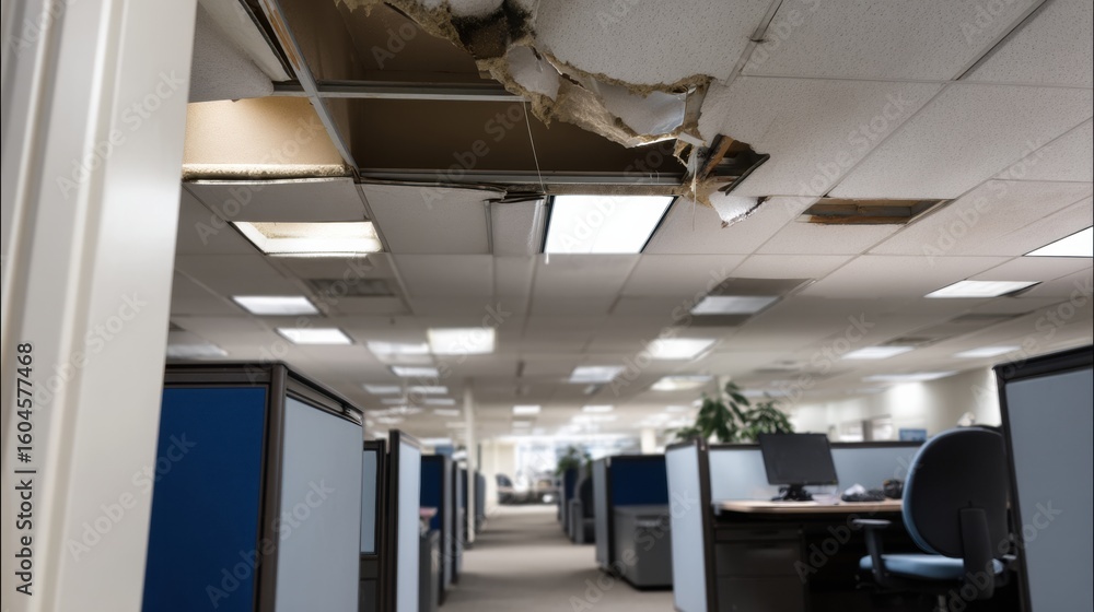 Obraz premium Damaged ceiling tile reveals loose section above workspace in office environment. scene conveys sense of neglect and need for maintenance in corporate setting