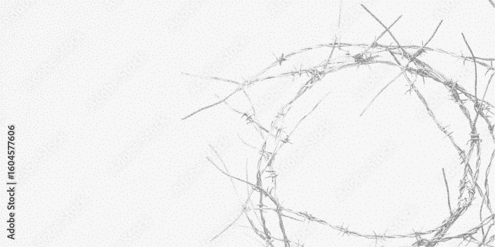 A bundle of barbed wire. Hand-drawn stipple illustration with halftone dot texture, gritty photocopy effect, threshold contrast.