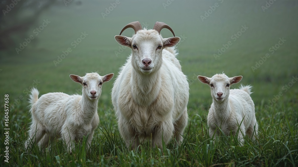 Obraz premium Two young goats accompany their mother in a grassland environment, posing for a portrait that captures their attentive look toward the observer.