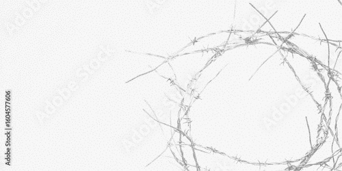 A bundle of barbed wire. Hand-drawn stipple illustration with halftone dot texture, gritty photocopy effect, threshold contrast.