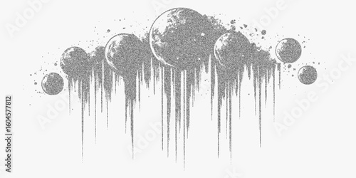 Cloud of glitter is falling from the sky. Rough stipple artwork with scattered halftone dots, photocopy texture and strong threshold details, retro aesthetics.