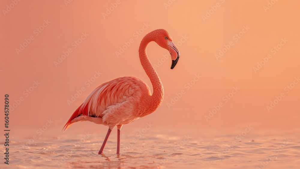 Vivid flamingo with a blurred orange and pink backdrop Vivid flamingo with a blurred orange and pink backdrop