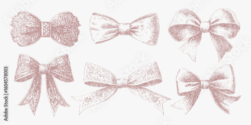 Set of bows with a glittery effect. Grainy stipple illustration with dotted halftone shading, visible photocopy effect and bold threshold outlines.