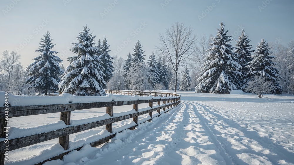 Naklejka premium Calm winter vista showing snow-heavy trees alongside a weathered fence blanketed by snow.