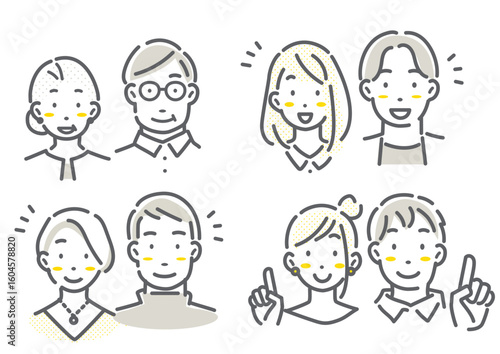 多世代のカップル・夫婦のアバターイラストセット　シンプルでお洒落な線画イラスト