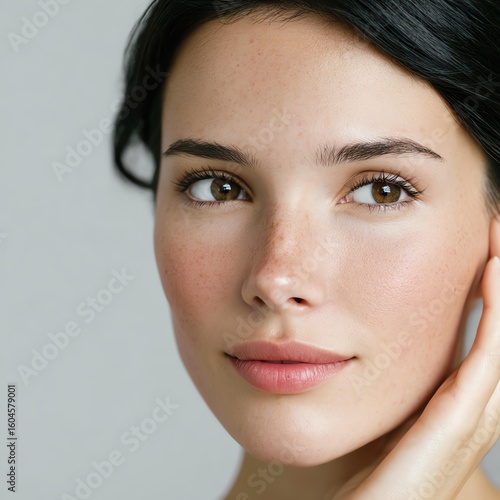 Real skin minimal routine hydration Close-up portrait of a young woman with a natural, radiant look and soft features.
