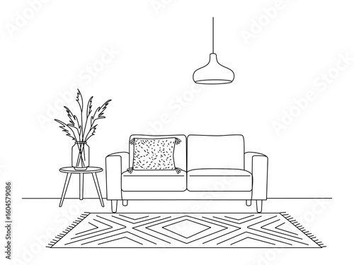 Hand drawn Continuous line interior with sofa, plan and floor lamp. One line drawing of Living room with modern furniture editable stroke.The modern interior living room showcases Vector Illustration