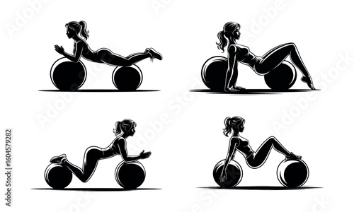 Woman exercising with fitness ball illustration of gym workout sport icons in black and white design
