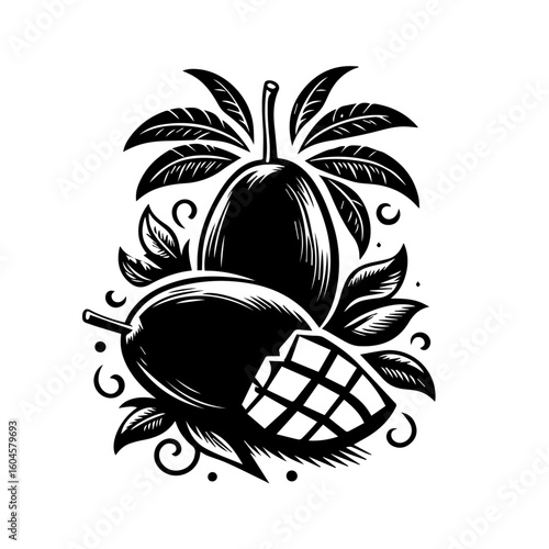 Stylized Black and White Mangoes with Leaves