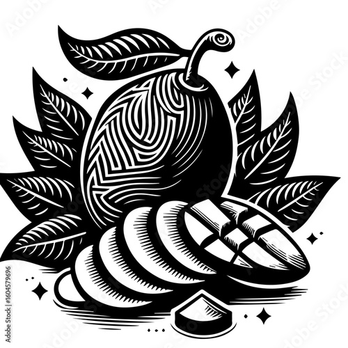 Stylized Black and White Mango Illustration with Leaves