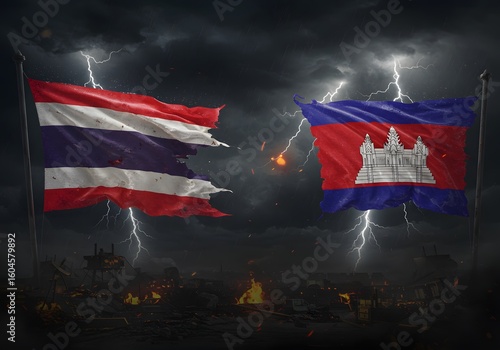 Thailand vs Cambodia Flags Battle Amidst Storm Political Conflict, Rivalry, Flags, War, Tension.
