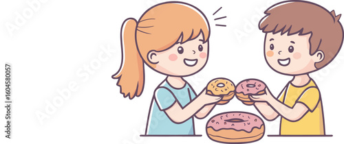Mother with baby daughter and son eating cake happily cartoon vector illustration