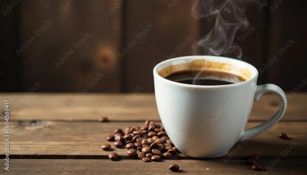 Fototapeta premium Steaming black coffee in a white mug on rustic wood , aroma, cozy