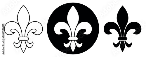Fleur-de-lis, black and white vector silhouette set illustration of Lily flower heraldic charge shape symbol Fleur de lys, isolated on white