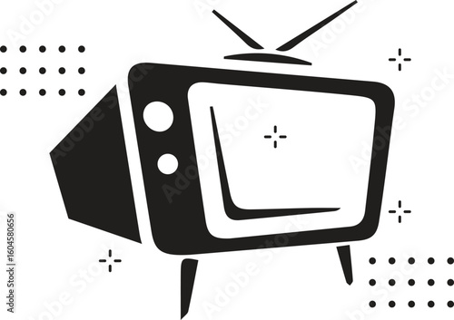 black and white retro tv illustration featuring classic antennas, control knobs, and vent lines. ideal for nostalgic or vintage media content.