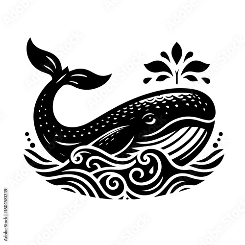 Stylized Black Whale Spouting Water in Waves