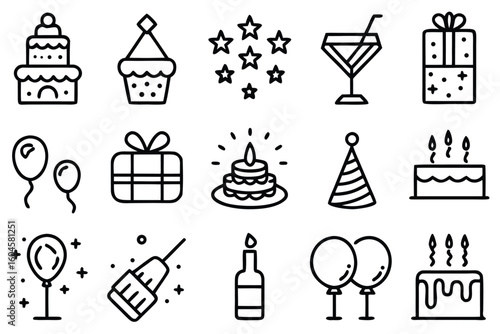 Birthday celebration icons with cakes balloons gifts and drinks party