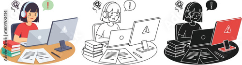 Frustrated student studying online with laptop and computer monitor showing error message vector design editable