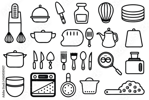Collection of minimalist line art icons depicting kitchen utensils and appliances cooking