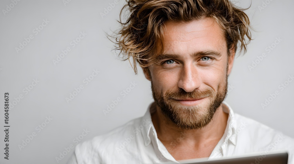 Obraz premium Headshot of a warm engaging man with an open thoughtful expression and a charming smile set against a plain background