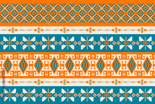 Traditional pixel-art ethnic textile pattern in orange, teal, and white. Ideal for digital prints, fabric designs, and cultural artwork.