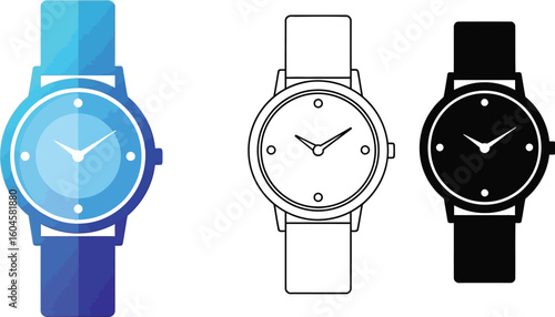 Wristwatch vector illustration set, time keeping device, fashion accessory, hand watch, analog watch, clock editable