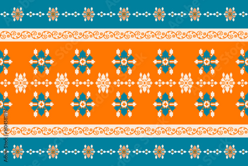Traditional pixel-art ethnic textile pattern in orange, teal, and white. Ideal for digital prints, fabric designs, and cultural artwork.