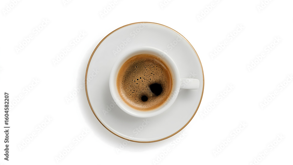 Fototapeta premium Top View of Fresh Black Coffee in White Ceramic Cup