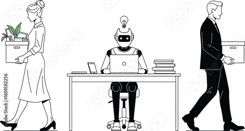 Automation and job displacement concept illustration with robot replacing human workers and layoffs editable