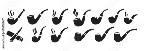 Black Vector Smoking Pipe Icons with Design Variations for Vintage
