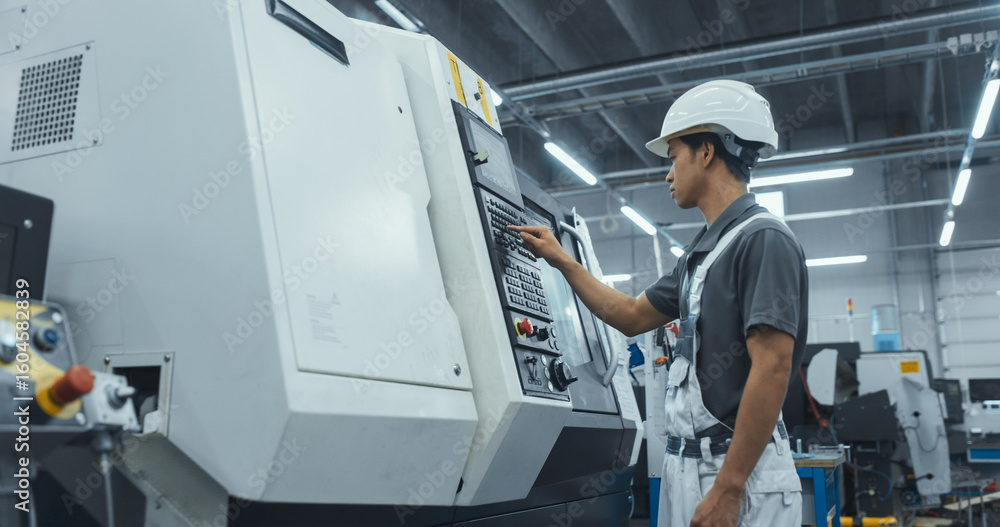 © Gorodenkoff - Asian Male Engineer in a White Hard Hat Operating a CNC Milling Machine in a Modern Factory. Young Technician Inserting Parameters into the Computer, Automating Production Line