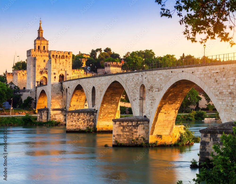 Fototapeta premium Ancient stone bridge over river at dawn