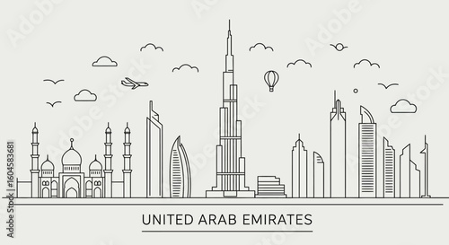 A Simple Black and White Line Drawing of the Iconic Dubai Skyline Showcasing Futuristic Architecture and Aeroplanes Flying Over the Cityscape