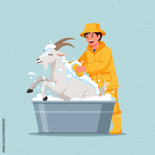 Man Giving Goat a Bath Using Sponge and Bubbly Soap