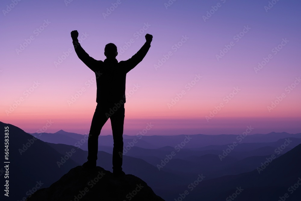Fototapeta premium Silhouette of man raising arms atop mountain against colorful sky