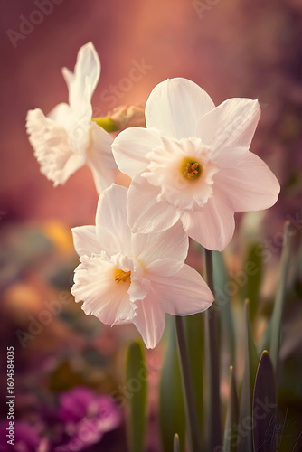 Close up macro shot of delicate white narcissus daffodils blooming in soft natural light with a blurred background