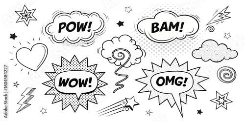 Collection of comic book style sound effect word bubbles and graphic elements like stars lightning bolts and hearts in a retro black and white aesthetic