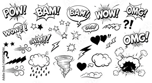 A Collection of Energetic Comic Book Style Sound Effects and Visual Elements