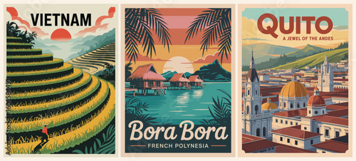 Retro travel destination posters featuring Vietnam, Quito, and Bora Bora. Vintage-style designs with iconic landscapes, bold colors, and mid-century aesthetics. Flat vector illustration set 
