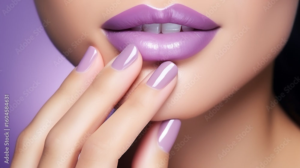 Obraz premium Close-up of a young woman wearing soft violet lipstick, her hand raised showing curved lilac French nails, full frame image with clear skin tone and light contrast .